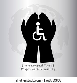 International Day of People with symbol disability. Hands protecting the disabled and globe background