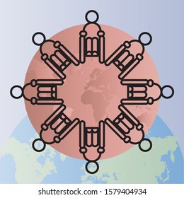International Day of People with symbol disability. Hands protecting the disabled and globe background