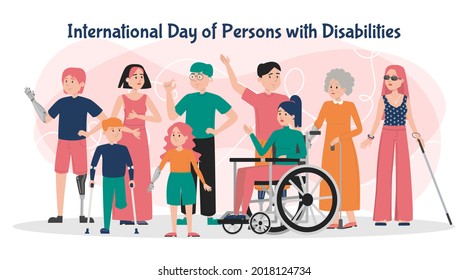 International day of persons with disabilities banner vector isolated. Handicapped people together. World day of disabled people. Lady in wheelchair, man with prosthetic arm and leg, blind woman.