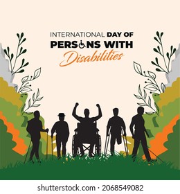 International Day of Persons with Disabilities. Men in wheel chair and man with prosthesis. Template for background, banner, card, poster. Vector illustration.