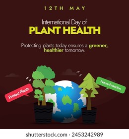 International day of Plant Health. 12th May International day of Plant Health banner, post with small plant icons and earth globe. Importance of plant health to reduce poverty, protect biodiversity.