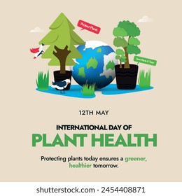 International day of plant health.12th May International day of plant health celebration banner, post to spread awareness and importance of plants health with earth globe, birds and mini plants