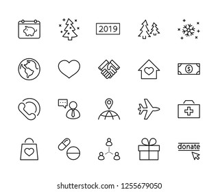 International Day for the Poor Vector Line Icons Set. Contains such Icons as Heart, planet Earth, Handshake, money, Donate, Medicines, Plane and more. Editable Stroke. 32x32 Pixel Perfect.