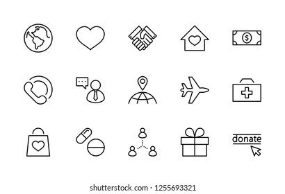International Day for the Poor Vector Line Icons Set. Contains such Icons as Heart, planet Earth, Handshake, money, Donate, Medicines, Plane and more. Editable Stroke. 32x32 Pixel Perfect