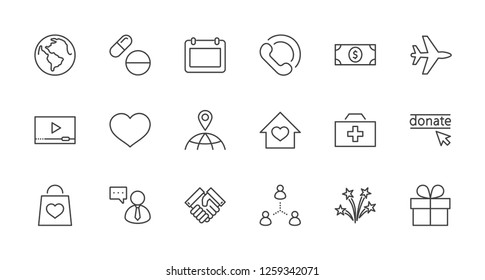 International Day for the Poor Vector Line Icons Set. Contains such Icons as Heart, planet Earth, Handshake, money, Donate, Medicines, Plane and more. Editable Stroke. 32x32 Pixel Perfect