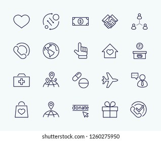 International Day for the Poor Vector Line Icons Set. Contains such Icons as Heart, planet Earth, Handshake, money, Donate, Medicines, Plane and more. Editable Stroke. 32x32 Pixel Perfect