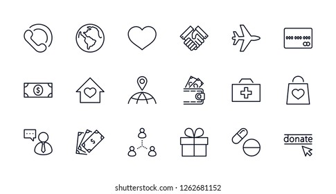 International Day for the Poor Vector Line Icons Set. Contains such Icons as Heart, planet Earth, Handshake, money, Donate, Medicines, Plane and more. Editable Stroke. 32x32 Pixel Perfect