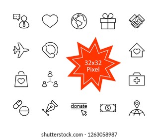 International Day for the Poor Vector Line Icons Set. Contains such Icons as Heart, planet Earth, Handshake, money, Donate, Medicines, Plane and more. Editable Stroke. 32x32 Pixel Perfect