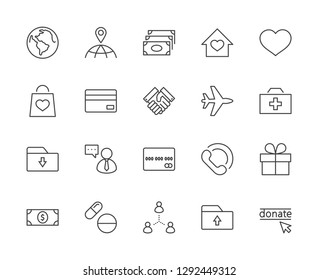 International Day for the Poor Vector Line Icons Set. Contains such Icons as Heart, planet Earth, Handshake, money, Donate, Medicines, Plane and more. Editable Stroke. 32x32 Pixel Perfect