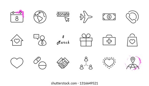 International Day for the Poor Vector Line Icons Set. Contains such Icons as Heart, planet Earth, Handshake, money, Donate, Medicines, Plane and more. Editable Stroke. 32x32 Pixel Perfect