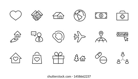 International Day for the Poor Vector Line Icons Set. Contains such Icons as Heart, planet Earth, Handshake, money, Donate, Medicines, Plane and more. Editable Stroke. 32x32 Pixel Perfect