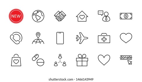 International Day for the Poor Vector Line Icons Set. Contains such Icons as Heart, planet Earth, Handshake, money, Donate, Medicines, Plane and more. Editable Stroke. 32x32 Pixel Perfect