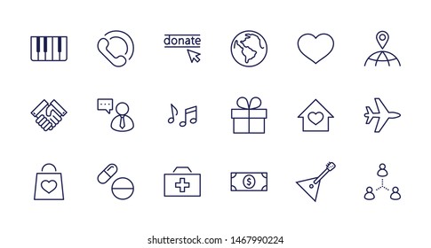 International Day for the Poor Vector Line Icons Set. Contains such Icons as Heart, planet Earth, Handshake, money, Donate, Medicines, Plane and more. Editable Stroke. 32x32 Pixel Perfect