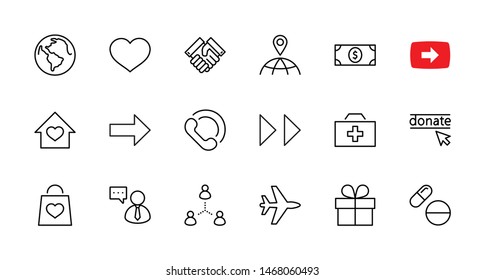 International Day for the Poor Vector Line Icons Set. Contains such Icons as Heart, planet Earth, Handshake, money, Donate, Medicines, Plane and more. Editable Stroke. 32x32 Pixel Perfect