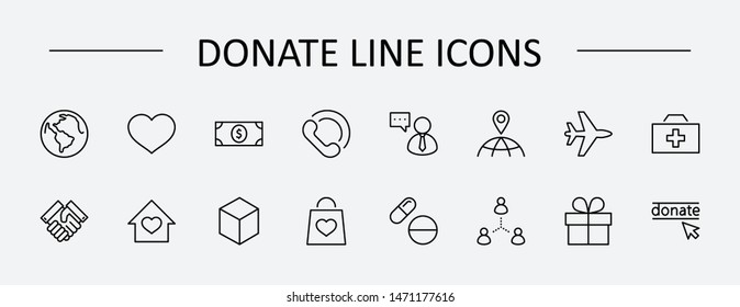 International Day for the Poor Vector Line Icons Set. Contains such Icons as Heart, planet Earth, Handshake, money, Donate, Medicines, Plane and more. Editable Stroke. 32x32 Pixel Perfect