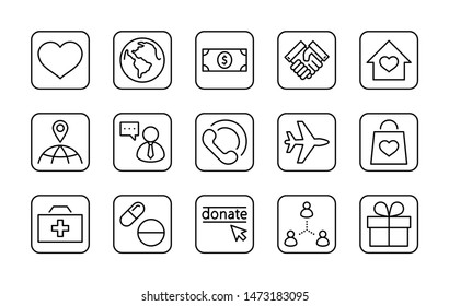 International Day for the Poor Vector Line Icons Set. Contains such Icons as Heart, planet Earth, Handshake, money, Donate, Medicines, Plane and more. Editable Stroke. 32x32 Pixel Perfect