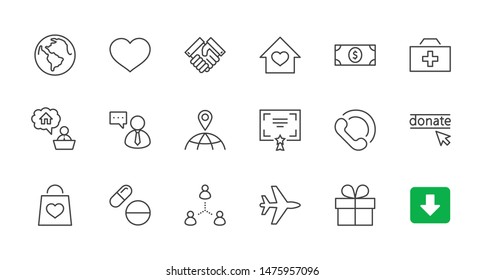 International Day for the Poor Vector Line Icons Set. Contains such Icons as Heart, planet Earth, Handshake, money, Donate, Medicines, Plane and more. Editable Stroke. 32x32 Pixel Perfect