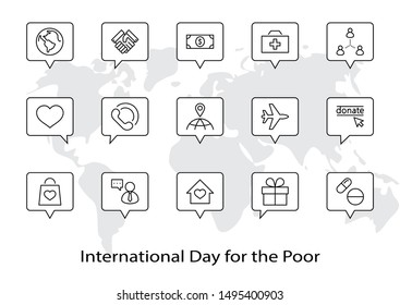 International Day for the Poor Vector Line Icons Set. Contains such Icons as Heart, planet Earth, Handshake, money, Donate, Medicines, Plane and more. Editable Stroke. 32x32 Pixel Perfect.