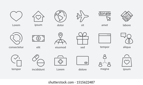 International Day for the Poor Vector Line Icons Set. Contains such Icons as Heart, planet Earth, Handshake, money, Donate, Medicines, Plane and more. Editable Stroke. 32x32 Pixel Perfect.