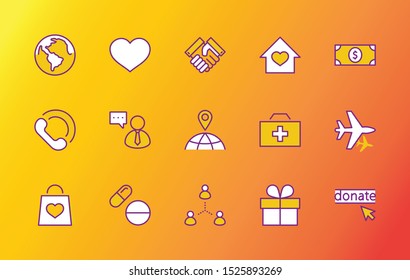 International Day for the Poor Vector Line Icons Set. Contains such Icons as Heart, planet Earth, Handshake, money, Donate, Medicines, Plane and more. Editable Stroke. 32x32 Pixel Perfect.
