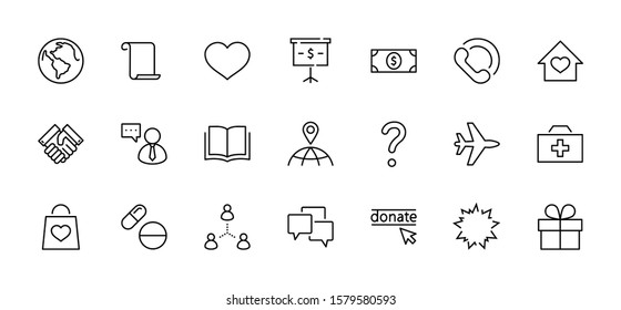 International Day for the Poor Vector Line Icons Set. Contains such Icons as Heart, planet Earth, Handshake, money, Donate, Medicines, Plane and more. Editable Stroke. 32x32 Pixel Perfect.