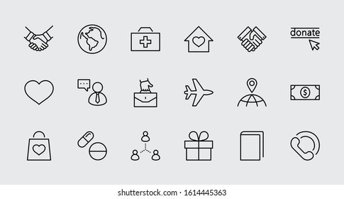 International Day for the Poor Vector Line Icons Set. Contains such Icons as Heart, planet Earth, Handshake, money, Donate, Medicines, Plane and more. Editable Stroke. 32x32 Pixel Perfect