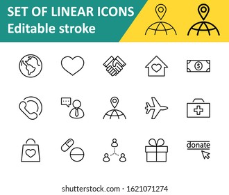 International Day for the Poor Vector Line Icons Set. Contains such Icons as Heart, planet Earth, Handshake, money, Donate, Medicines, Plane and more. Editable Stroke. 32x32 Pixels