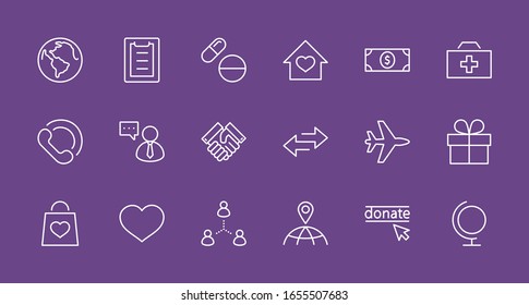 Día Internacional de los Iconos de Línea de Vectores Pobres. Contiene íconos como Corazón, Planeta Tierra, Agitación, Dinero, Donación, Medicinas, Plano y más. Trazo editable. 32 x 32 píxeles