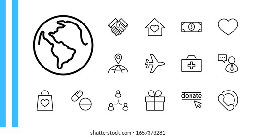 International Day for the Poor Vector Line Icons Set. Contains such Icons as Heart, planet Earth, Handshake, money, Donate, Medicines, Plane and more. Editable Stroke. 32x32 Pixels