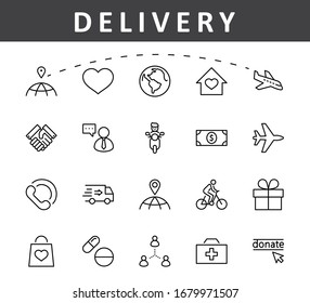 International Day for the Poor Vector Line Icons Set. Contains such Icons as Heart, planet Earth, Handshake, money, Donate, Medicines, Plane and more. Editable Stroke. 32x32 Pixels