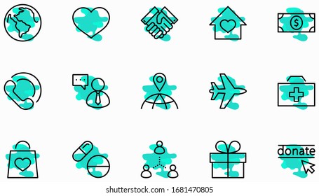 International Day for the Poor Vector Line Icons Set. Contains such Icons as Heart, planet Earth, Handshake, money, Donate, Medicines, Plane and more. Editable Stroke. 32x32 Pixels