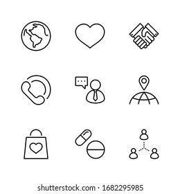 Día Internacional de los Iconos de Línea de Vectores Pobres. Contiene íconos como Corazón, Planeta Tierra, Agitación, Dinero, Donación, Medicinas, Plano y más. Trazo editable. 32 x 32 píxeles