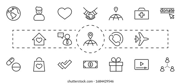 Día Internacional de los Iconos de Línea de Vectores Pobres. Contiene íconos como Corazón, Planeta Tierra, Agitación, Dinero, Donación, Medicinas, Plano y más. Trazo editable. 32 x 32 píxeles