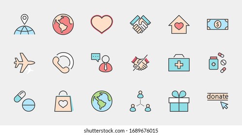 Día Internacional de los Iconos de Línea de Vectores Pobres. Contiene íconos como Corazón, Planeta Tierra, Agitación, Dinero, Donación, Medicinas, Plano y más. Trazo editable. Perfecto para 32 x 32 píxeles