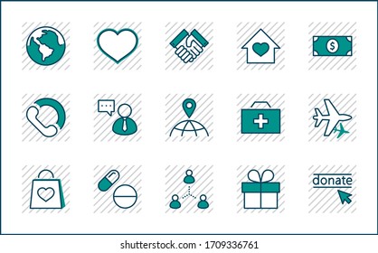International Day for the Poor Vector Line Icons Set. Contains such Icons as Heart, planet Earth, Handshake, money, Donate, Medicines, Plane and more. Editable Stroke. 32x32 Pixel Perfect