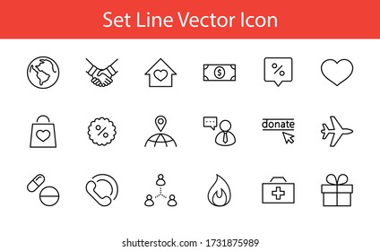 Día Internacional para el juego de iconos de línea de vectores pobres. Contiene iconos como el corazón, el planeta Tierra, el apretón de manos, el dinero, la donación, los medicamentos, el avión y más. Stroke editable. 32x32 píxeles