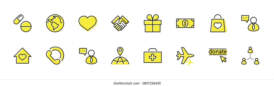International Day for the Poor Vector Line Icons Set. Contains such Icons as Heart, planet Earth, Handshake, money, Donate, Medicines, Plane and more. Editable Stroke. 32x32 Pixel Perfect