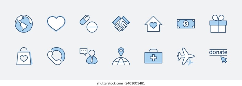 Día Internacional para el juego de iconos de línea de vectores pobres. Contiene iconos como el corazón, el planeta Tierra, el apretón de manos, el dinero, la donación, los medicamentos, el avión y más. Stroke editable. 32x32 Pixel Perfecto.