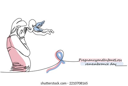 International day of Pregnancy and infant loss remembrance day line art poster. Miscarriage and terminated pregnancy. Sad pregnant woman with unborn child with wings. Pink and blue ribbon. Difficult