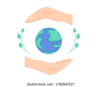 International Day for the Preservation of the Ozone Layer, vector illustration of globe and hands with leaves around isolated on white background