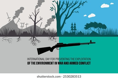 Dia Internacional de Prevenção da Exploração do Ambiente em Guerra e Conflitos Armados. 6 de novembro. Conceito de férias. Modelo para plano de fundo, banner, cartão, cartaz