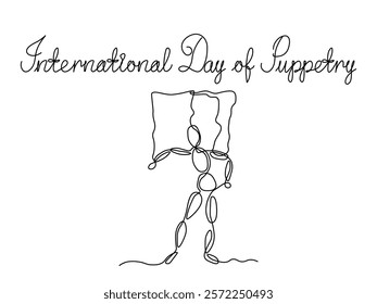 international day of puppetry. Abstract doll on ropes, puppet, unfreedom, manipulator. continuous one line art hand drawing sketch