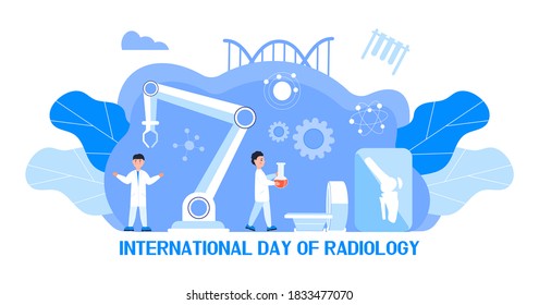 International day of radiology concept vector for medical website, app, blog. Tiny doctors make x-ray scanning. Tomography machine is shown.