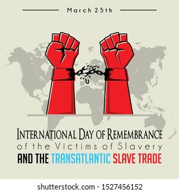 International Day of Remembrance of the Victims of Slavery and the Transatlantic Slave Trade with broken handcuffs on red hand