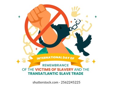 International Day of Remembrance of the Victims of Slavery and the Transatlantic Slave Trade Vector Illustration Featuring Broken Handcuffs on Hands