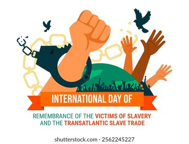 International Day of Remembrance of the Victims of Slavery and the Transatlantic Slave Trade Vector Illustration Featuring Broken Handcuffs on Hands