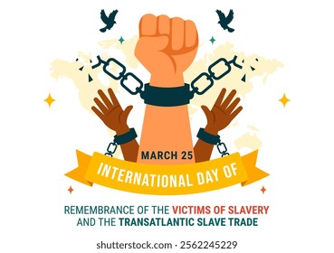 International Day of Remembrance of the Victims of Slavery and the Transatlantic Slave Trade Vector Illustration Featuring Broken Handcuffs on Hands