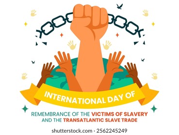 International Day of Remembrance of the Victims of Slavery and the Transatlantic Slave Trade Vector Illustration Featuring Broken Handcuffs on Hands