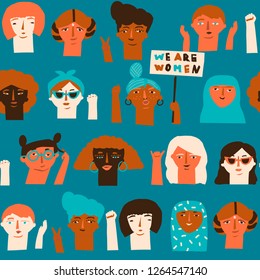 International Women’s Day seamless pattern in vector with groups of diverse women protesting.