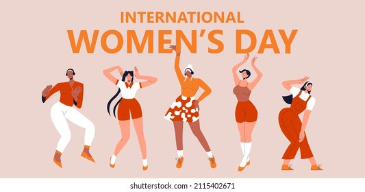 International women’s day. Set of diverse modern young woman dancing from joy and fun. Flat vector illustration. Vector illustration in flat style for banner, social networks. Eps 10.